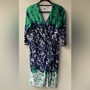 Green and Blue Leaf Print Wrap Dress